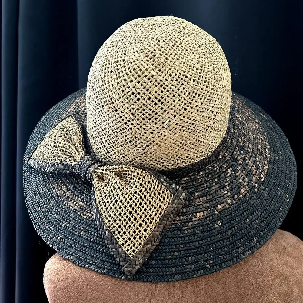 Vintage Natural Fiber Straw Hat Bow Trim Black 21.5